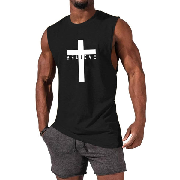 Weiyuqi Christian Tank Top for Men Jesus Cross Shirts Believe Printed Faith Sleeveless Graphic Tee Workout Muscle Shirt