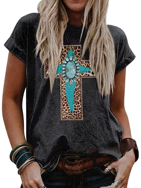Christian T-Shirt Women Crewneck Short Sleeve Cross Letter Print Graphic Tops