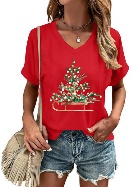 Women Christmas V Neck Shirt: Christmas Tree Tshirt Xmas Buffalo Plaid Shirt Casual Holiday Tee Tops