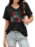 Christmas Shirts Women Merry Christmas Letter T-Shirt Christmas Graphic Shirt Xmas Holiday Casual V Neck Short Sleeve Tops