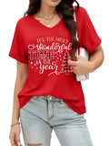 Christmas Shirts Women Merry Christmas Letter T-Shirt Christmas Graphic Shirt Xmas Holiday Casual V Neck Short Sleeve Tops