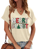 Christmas Shirts Women Merry Christmas Letter T-Shirt Christmas Graphic Shirt Xmas Holiday Casual V Neck Short Sleeve Tops