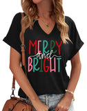 Christmas Shirts Women Merry Christmas Letter T-Shirt Christmas Graphic Shirt Xmas Holiday Casual V Neck Short Sleeve Tops