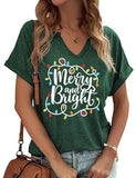 Christmas Shirts Women Merry Christmas Letter T-Shirt Christmas Graphic Shirt Xmas Holiday Casual V Neck Short Sleeve Tops