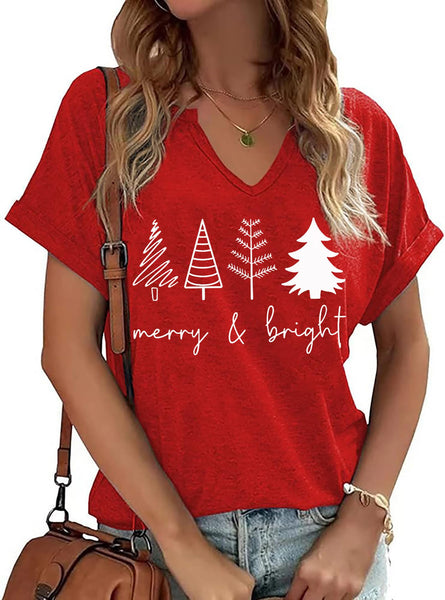Christmas Shirts Women Merry Christmas Letter T-Shirt Christmas Graphic Shirt Xmas Holiday Casual V Neck Short Sleeve Tops