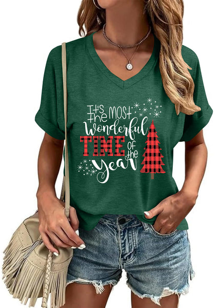 Women Christmas V Neck Shirt: Christmas Tree Tshirt Xmas Buffalo Plaid Shirt Casual Holiday Tee Tops