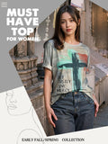 Christian T-Shirt Women Crewneck Short Sleeve Cross Letter Print Graphic Tops