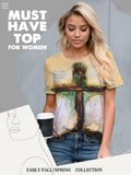 Christian T-Shirt Women Crewneck Short Sleeve Cross Letter Print Graphic Tops