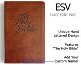 Hand Lettered and Laser Engraved ESV Large Print Bible, Red Letter, Brown Cover, Includes Option to add Engraved Name, Personalized Gift for Wedding, Baptism, Graduation or Birthday…