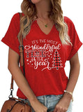 Christmas Shirts Women Merry Christmas Letter T-Shirt Christmas Graphic Shirt Xmas Holiday Casual V Neck Short Sleeve Tops