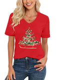 Women Christmas V Neck Shirt: Christmas Tree Tshirt Xmas Buffalo Plaid Shirt Casual Holiday Tee Tops