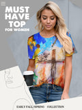Christian T-Shirt Women Crewneck Short Sleeve Cross Letter Print Graphic Tops