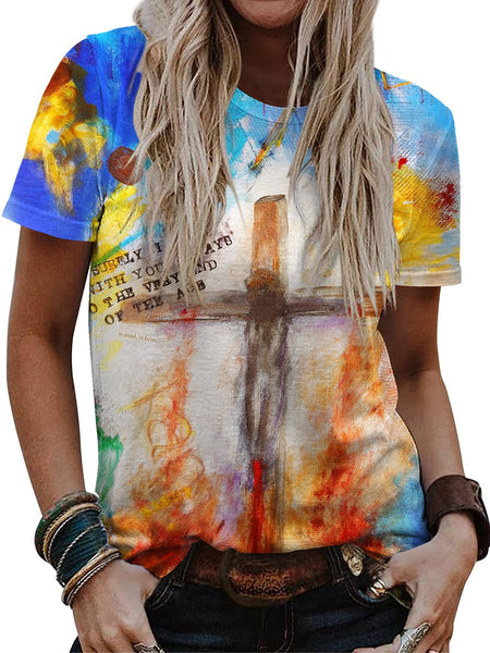 Christian T-Shirt Women Crewneck Short Sleeve Cross Letter Print Graphic Tops