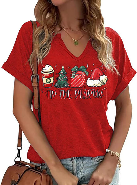 Christmas Shirts Women Merry Christmas Letter T-Shirt Christmas Graphic Shirt Xmas Holiday Casual V Neck Short Sleeve Tops