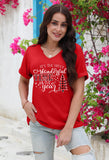 Christmas Shirts Women Merry Christmas Letter T-Shirt Christmas Graphic Shirt Xmas Holiday Casual V Neck Short Sleeve Tops