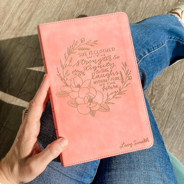 CSB Bible, Pink, Hand Lettered and Engraved, Custom Name Engraving - She is Clothed With Dignity
