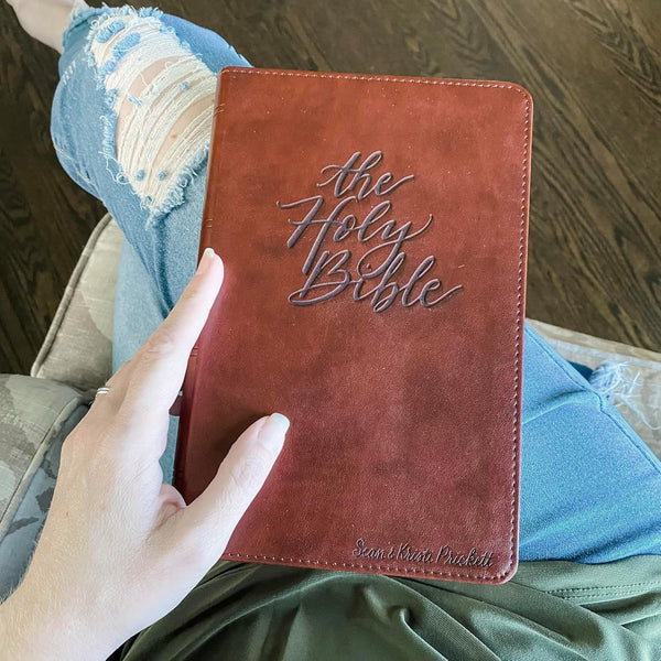 Hand Lettered and Laser Engraved ESV Large Print Bible, Red Letter, Brown Cover, Includes Option to add Engraved Name, Personalized Gift for Wedding, Baptism, Graduation or Birthday…