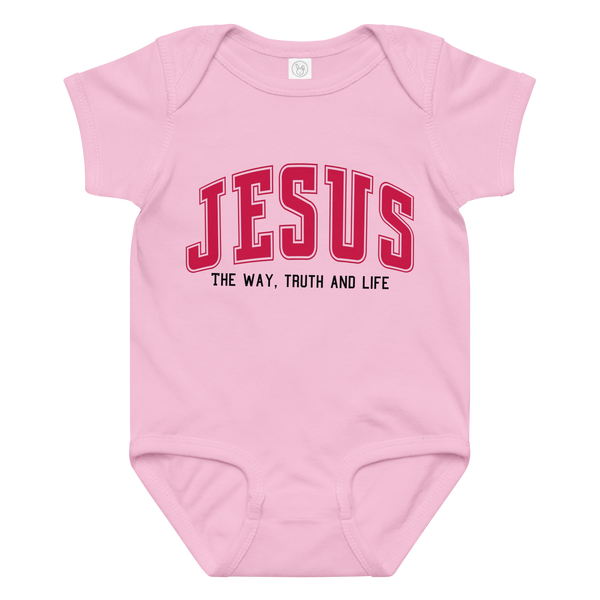 The Christian Store – Pink Baby Jersey Bodysuit with Jesus Logo | Christian Infant Outfit