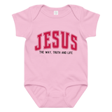 The Christian Store – Pink Baby Jersey Bodysuit with Jesus Logo | Christian Infant Outfit